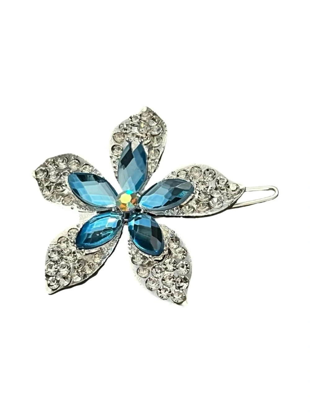 Blue Crystal Flower Hair Clip - Silver Tone FINAL PRICE DROP